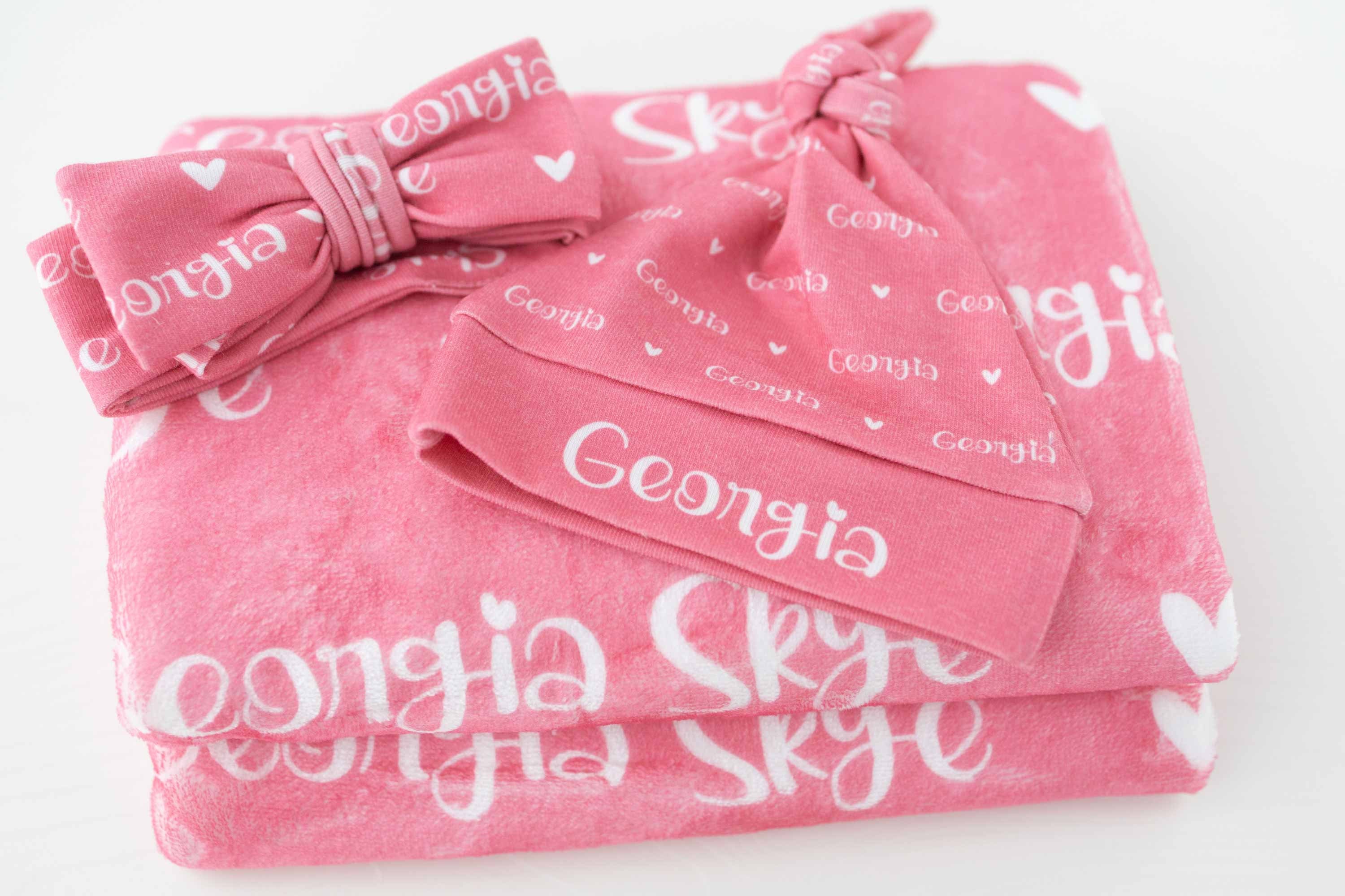 Plush Minky Blanket Set with Hat/Bow, Personalized Name Blanket with Hat, Personalized Jersey Hat, Customized Name Bow