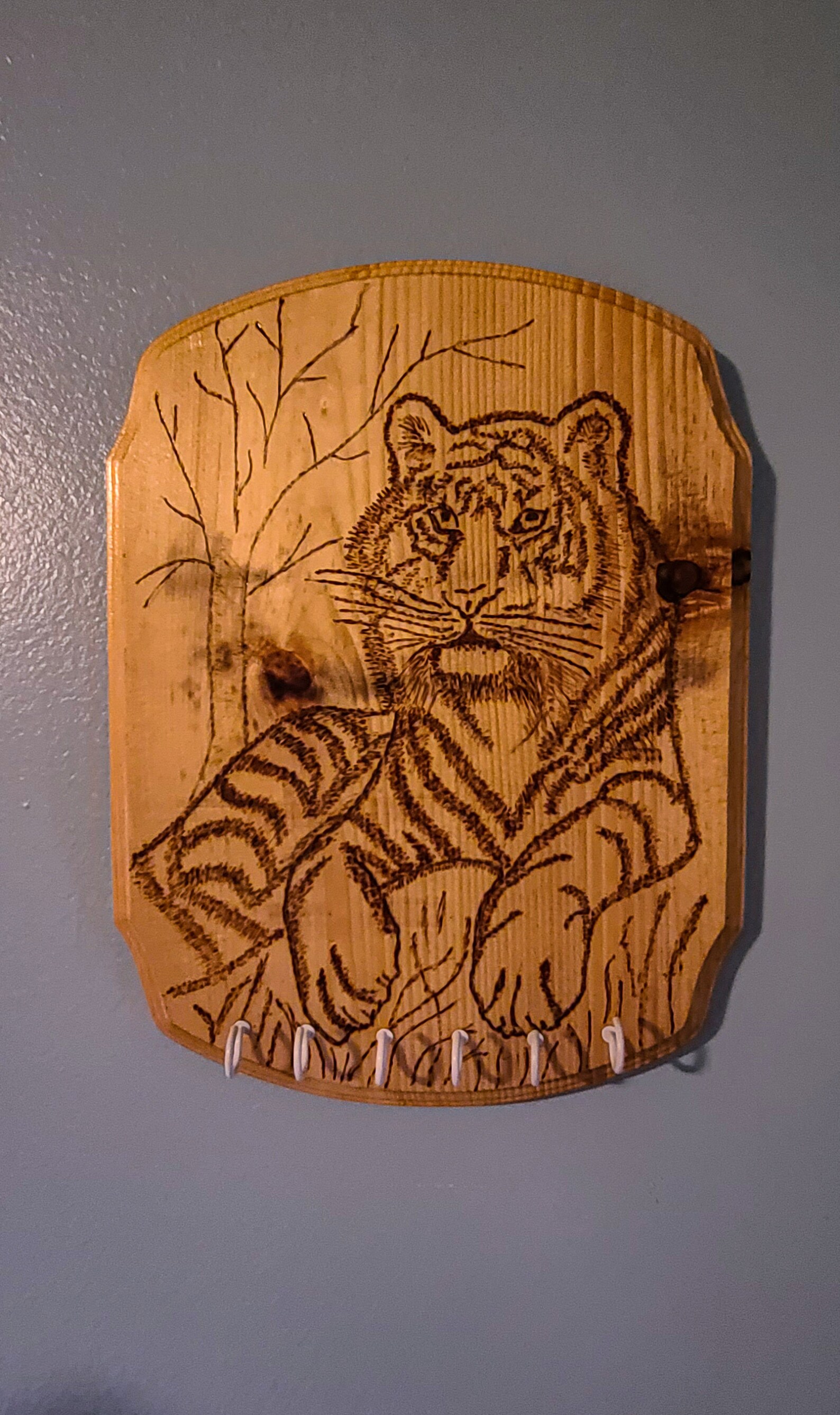 Hand Burned Pyrography Key Holder/ Wall Key Holder/ Tiger Plaque ...