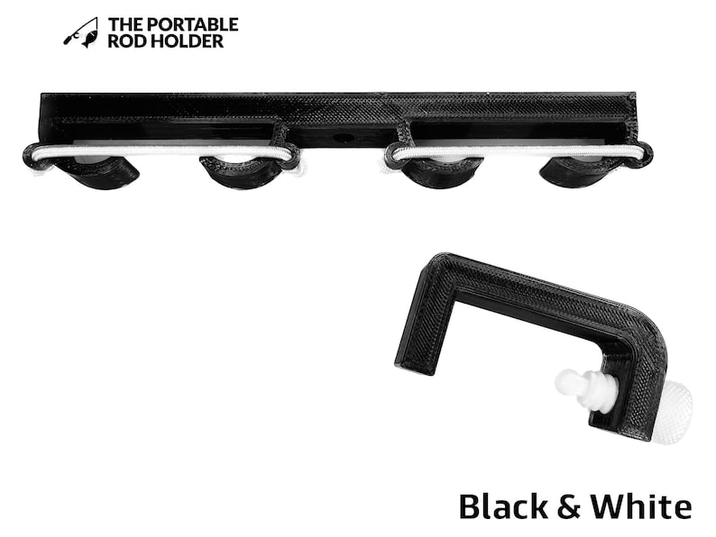 K&ouml;nnte beinhalten: Ein schwarzer, 3D-gedruckter, tragbarer Rutenhalter mit vier runden Clips und wei&szlig;en elastischen Schn&uuml;ren, begleitet von einer schwarzen C-Klemme mit wei&szlig;em Drehknopf. Der Text THE PORTABLE ROD HOLDER und Black & White sind abgebildet.
