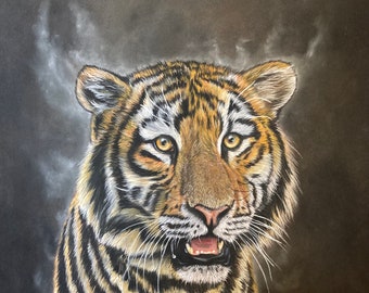 Originalzeichnung, trockenes Pastell, Tiger, realistische Zeichnung, Tigerzeichnung, Katze, einzigartiges Werk, handsigniert, wildes Tier