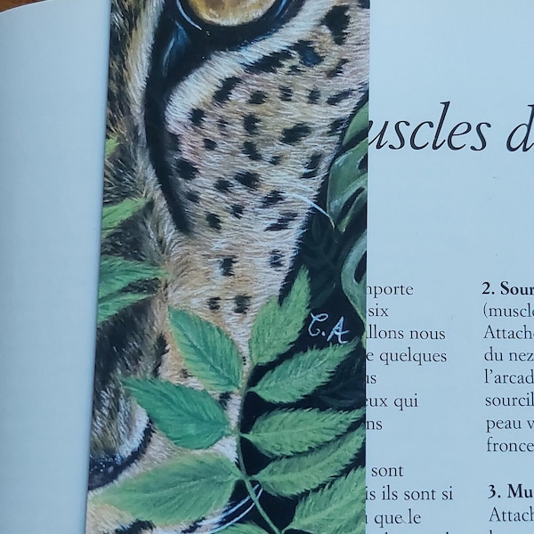 Marque page leopard, felin, issu d’un de mes dessin, original au pastel, marque page papier , papier fineart , papier mat