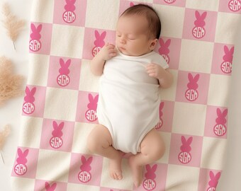 Pink Easter Bunny Personalized Name Blanket, Custom Monogram Baby Blanket, Bunny Blanket for Child or Toddler, Gift for Easter