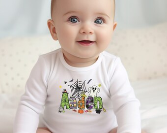 Personalized Halloween Body Suit for Baby, Custom Name Onesie for Infant, Halloween Long Sleeve Onesie, Baby Bodysuit with Name