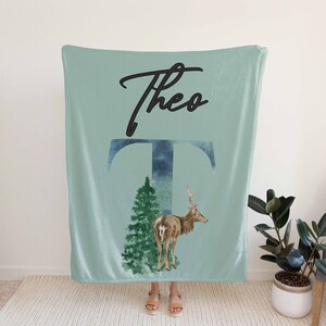 Personalized Monogram Winter Forest Deer Blanket, Custom Deer Baby Blanket, Name Blanket for Babies, Deer Woodland Nursery Blanket