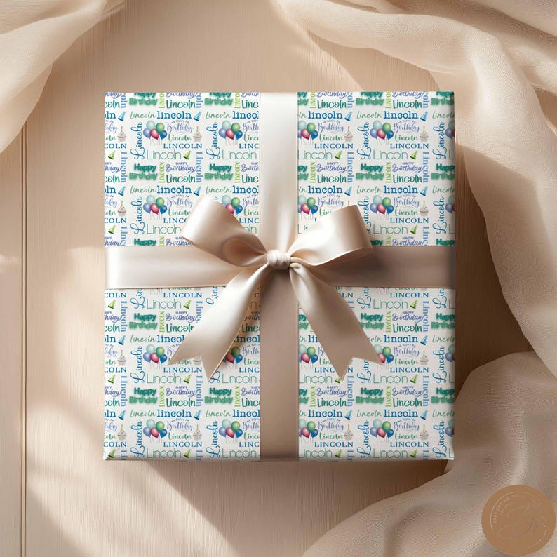 May include: A white gift wrap with a repeating pattern of blue, green, and purple balloons and the name "Lincoln" in a variety of fonts. The text "Happy Birthday" is also repeated throughout the pattern.