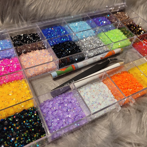 Jelly AB Multi-colored Nail Rhinestone Gem tray & Tool kit , Perfect for Nail Techs