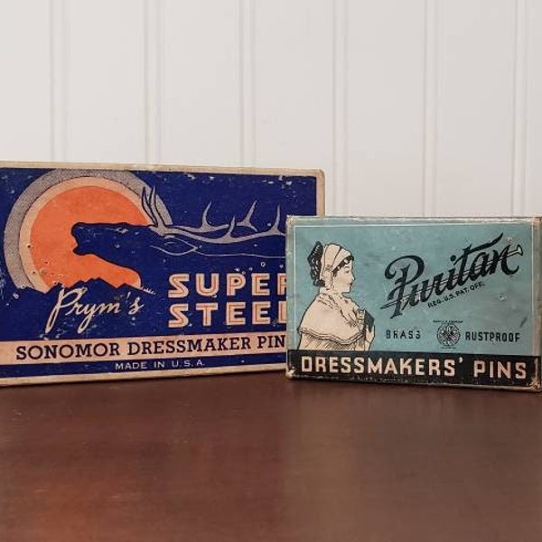 TWO Vintage Boxes Of Dressmakers' Pins - Puritan Pins - Prym's Super Steel Pins