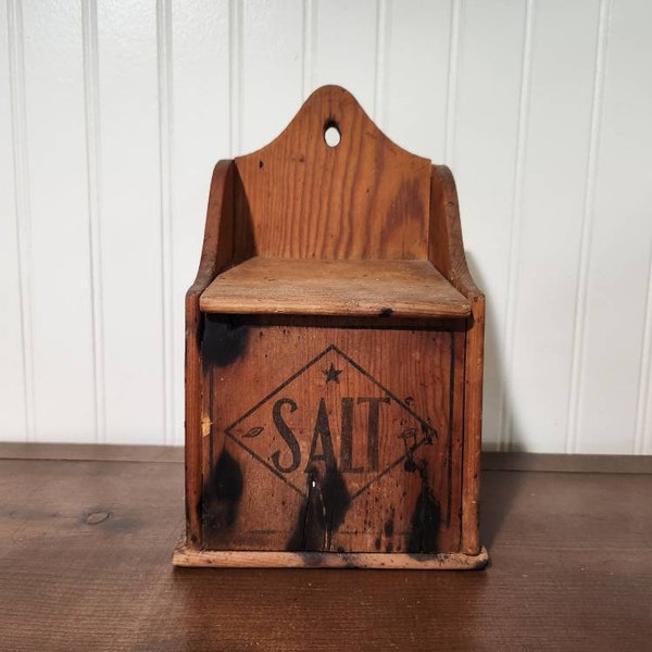 Vintage Wall Mounted Wooden Salt Box - Primitive Hanging Wood Box With Lid - Farmhouse Kitchenb