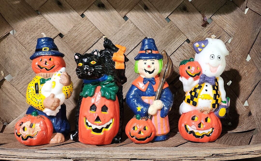 Set of Four Vintage Halloween Candles Cat, Pumpkin, Ghost and Witch