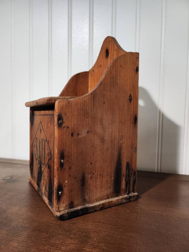 Vintage Wall Mounted Wooden Salt Box Primitive Hanging Wood Etsy
