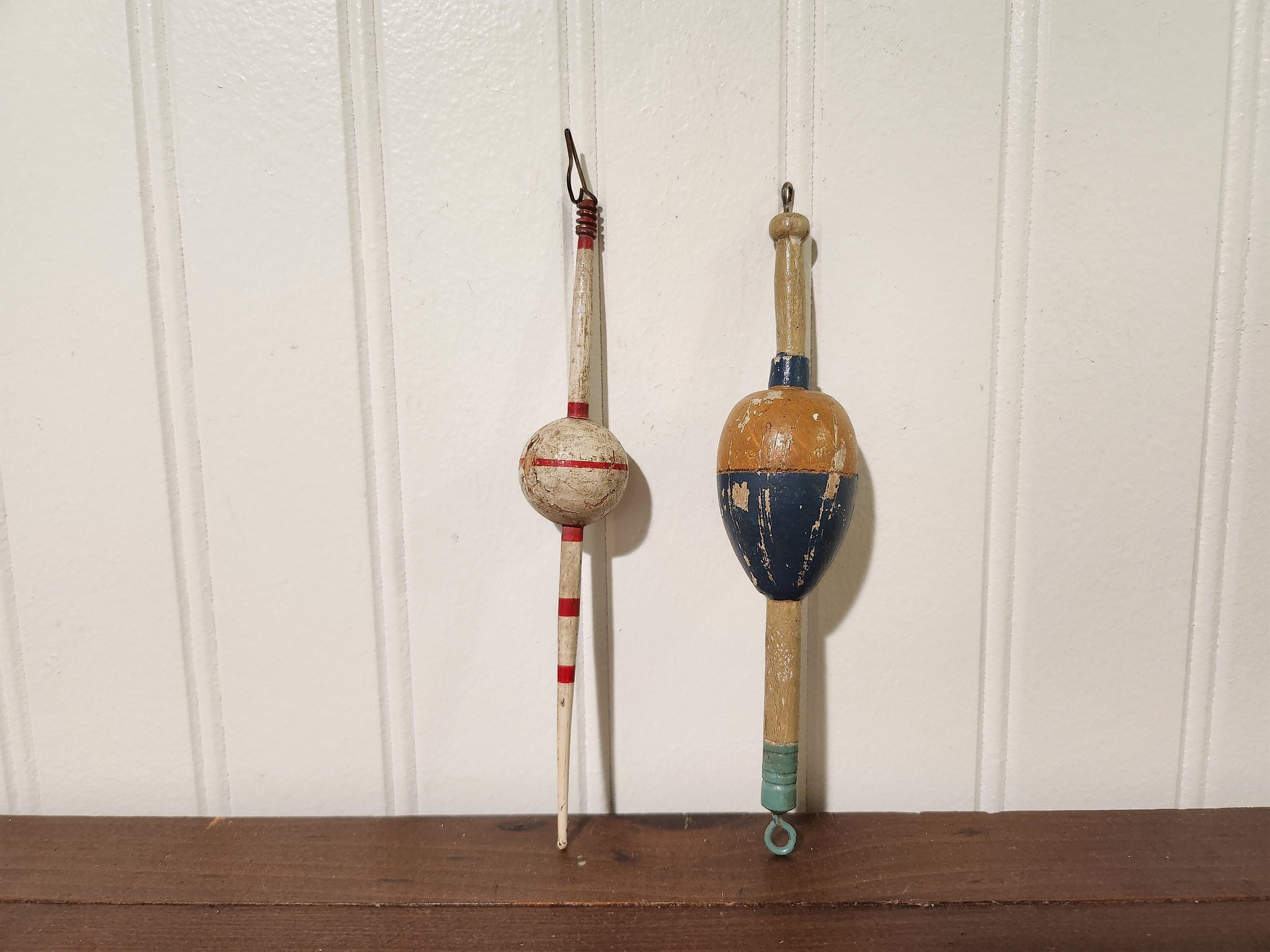 PAIR of Vintage Painted Wooden Fishing Bobbers Fishing Lure Floats Nautical  Décor 