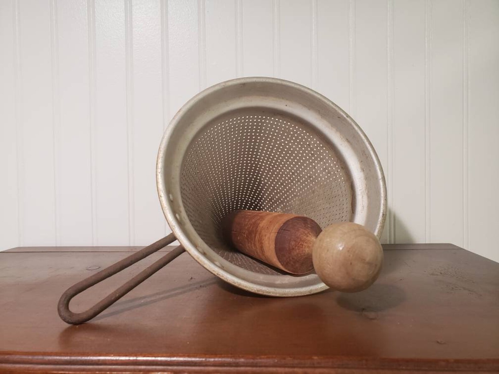Vintage Sieve and Pestle Sieve Strainer and Wooden Pestle SET Cone Sieve and Masher Farmhouse