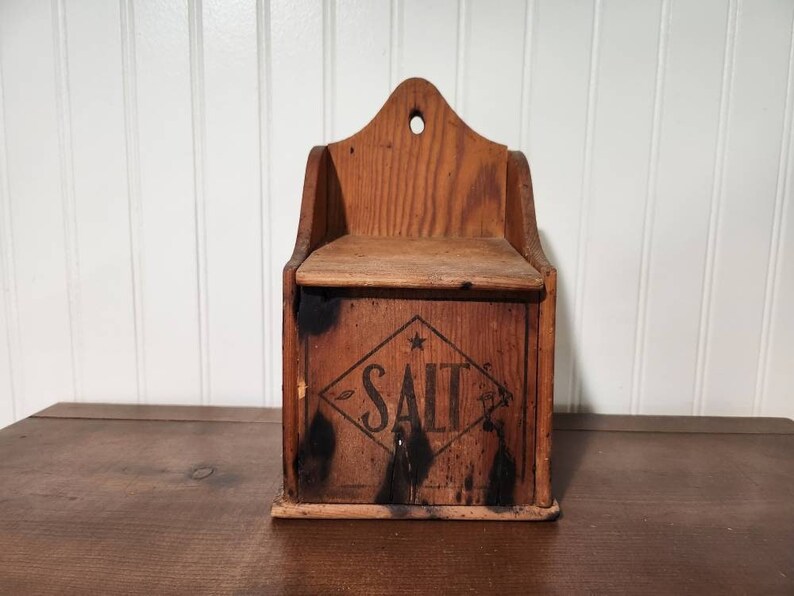 Vintage Wall Mounted Wooden Salt Box Primitive Hanging Wood Etsy