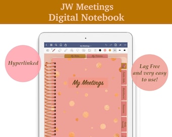 May include: A digital notebook template for iPad or tablet devices. The template is designed for taking notes during JW meetings. The cover is pink with gold polka dots and the text "My Meetings". The template is compatible with GoodNotes, Notability, and other note-taking apps.