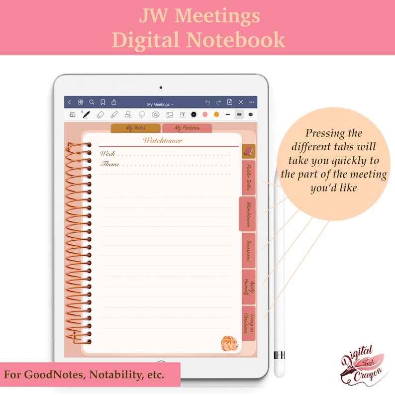 May include: A digital notebook template for taking notes during JW meetings. The template has tabs for Watchtower, Public Talks, Treasures, Meeting, and Long as. The template is designed for use with GoodNotes, Notability, and other note-taking apps.