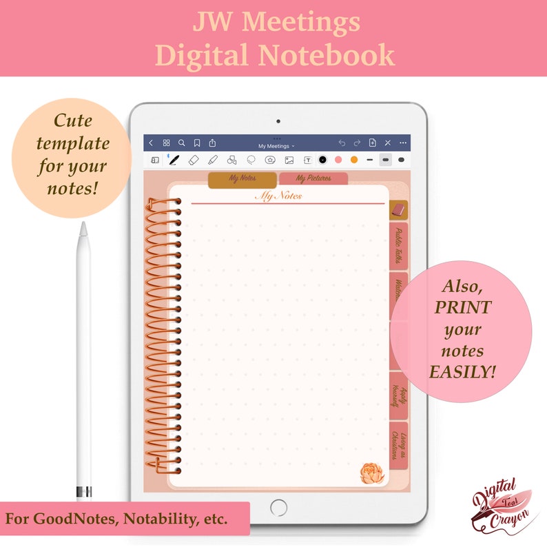 May include: A digital notebook template for taking notes at JW Meetings. The template features a spiral bound notebook with a pink and brown color scheme. The notebook has sections for "My Notes", "My Pictures", and "Public Talks". The text "JW Meetings Digital Notebook" is at the top of the image. The text "For GoodNotes, Notability, etc." is at the bottom of the image.