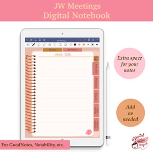 May include: Digital notebook template for taking notes during JW meetings. The template features a spiral bound notebook with lined pages and tabs for "Public Talks", "Watchtower", "Treats", "Study Meeting", and "Songs & Blessings".