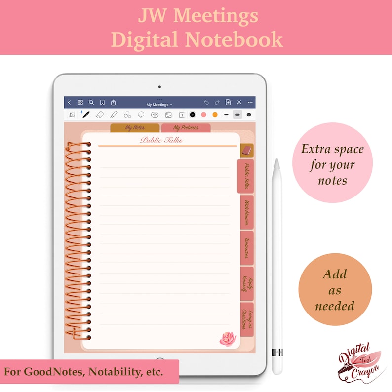 May include: Digital notebook template for taking notes during JW meetings. The template features a spiral bound notebook with lined pages and tabs for "Public Talks", "Watchtower", "Treats", "Study Meeting", and "Songs & Blessings".