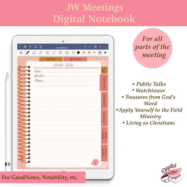 May include: A digital notebook template for taking notes during JW meetings. The template includes sections for Public Talks, Watchtower, Treasures from God's Word, Apply Yourself to the Field Ministry, and Living as Christians. The template is designed for use with apps like GoodNotes and Notability.