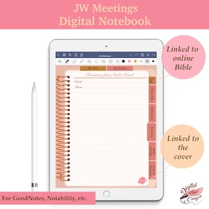 May include: A digital notebook for taking notes during JW meetings. The notebook is open on a tablet screen and features a pink and brown color scheme. The notebook has a section for "Treasures from God's Word" with a list of meeting items, including public talks, watchtower, and treasures. The notebook is linked to an online Bible and the cover.
