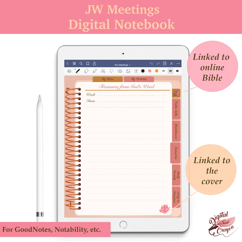 May include: A digital notebook for taking notes during JW meetings. The notebook is open on a tablet screen and features a pink and brown color scheme. The notebook has a section for "Treasures from God's Word" with a list of meeting items, including public talks, watchtower, and treasures. The notebook is linked to an online Bible and the cover.