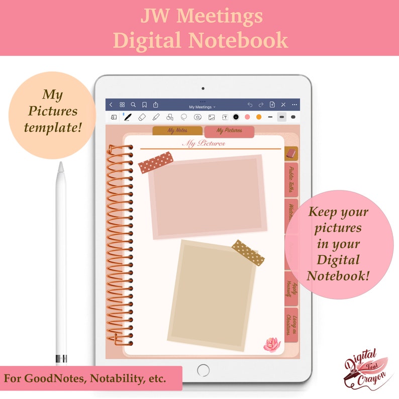 May include: A digital notebook template for GoodNotes and Notability apps. The template features a pink and brown color scheme with two picture frames and a decorative floral design. The text "JW Meetings Digital Notebook" is at the top of the template.