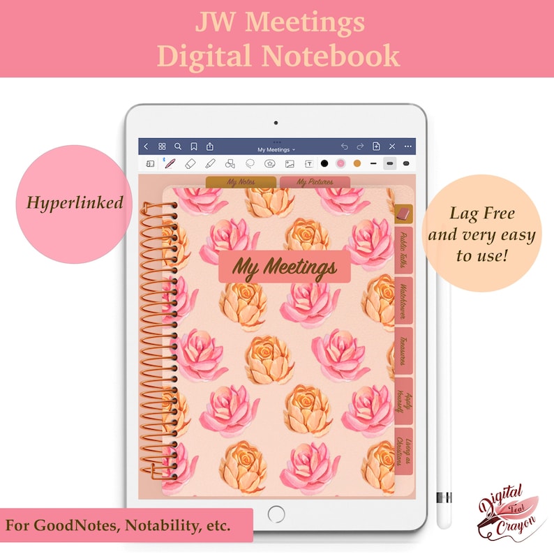 May include: A digital notebook for JW Meetings with a floral design featuring pink and orange roses on a peach background. The notebook is open on a tablet screen and includes tabs for "My Notes", "My Pictures", "Publish", "Watchtower", "Tract", "Meeting", "Apply", "Cinations", and "Laing as". The text "My Meetings" is displayed on the cover of the notebook. The text "Lag Free and very easy to use!" is displayed in the upper right corner of the image. The text "For GoodNotes, Notability, etc." is displayed at the bottom of the image.