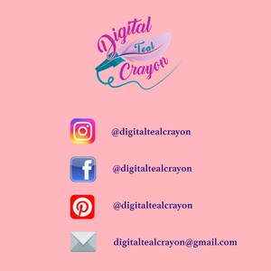 May include: Digital Teal Crayon logo with a feather design. Social media icons for Instagram, Facebook, Pinterest, and an email address.