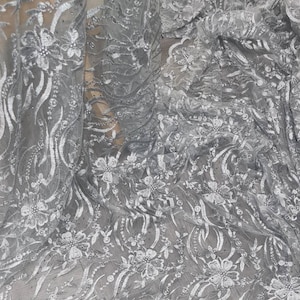 Embroidered Pearl Tulle Lace: Gray Bridal Fabric with Scalloped Edges