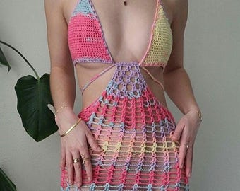 Mesh Crochet Bikini Cover up Dress Set