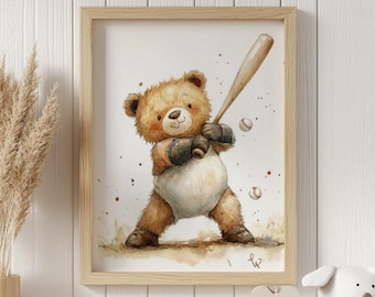 Honkbal kinderkamerafdrukken, kinderkamer inrichting teddybeer, afdrukbare kinderkamer inrichting, honkbal themaprint, beren kinderkamer print, kinderkamer inrichting jongen