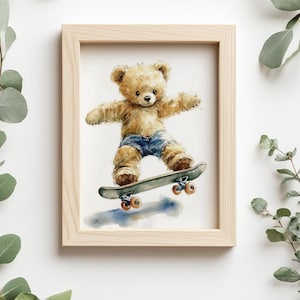 Skateboarding nursery decor, skateboarding gift for child, teddy bear nursery prints, vintage nursery decor, skateboarding decor, Childs art