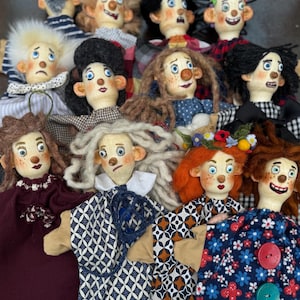 Set of 12 Unique Handmade Puppet Dolls – Whimsical Characters Full of Personality – Wooden-Textile Hand Puppets for Play, Theater, or Collec