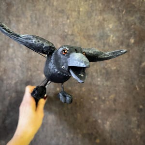 Hand-Carved Crow Marionette, Wooden Puppet with Moving Wings and Beak,  Bird of Joy Folk Art