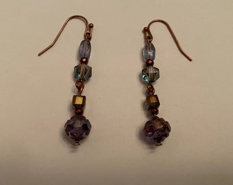 Handmade Coppertone Dangle Earrings with Blue, Purple, and Copper Glass Beads