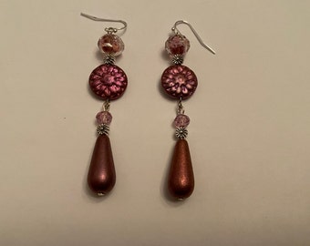 Handmade Silvertone Dangle Earrings w/ Clear and Purple Glass Beads, Pink Glass Beads, Metal Floral Beads,&Czech Glass Floral and Drop Beads