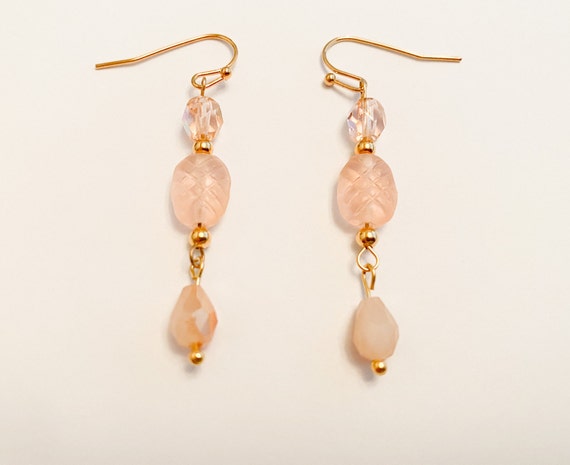 Handmade Goldtone Vintage Peach Glass Bead Dangle Earrings | Etsy