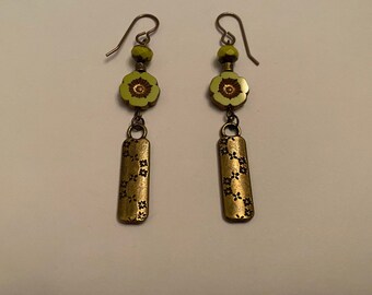 Handmade Antique Gold Dangle Earrings w/ Lime Green Czech Glass Rondelle and Flower Beads w/ Antique Gold Details, and Charm w/ Floral Motif