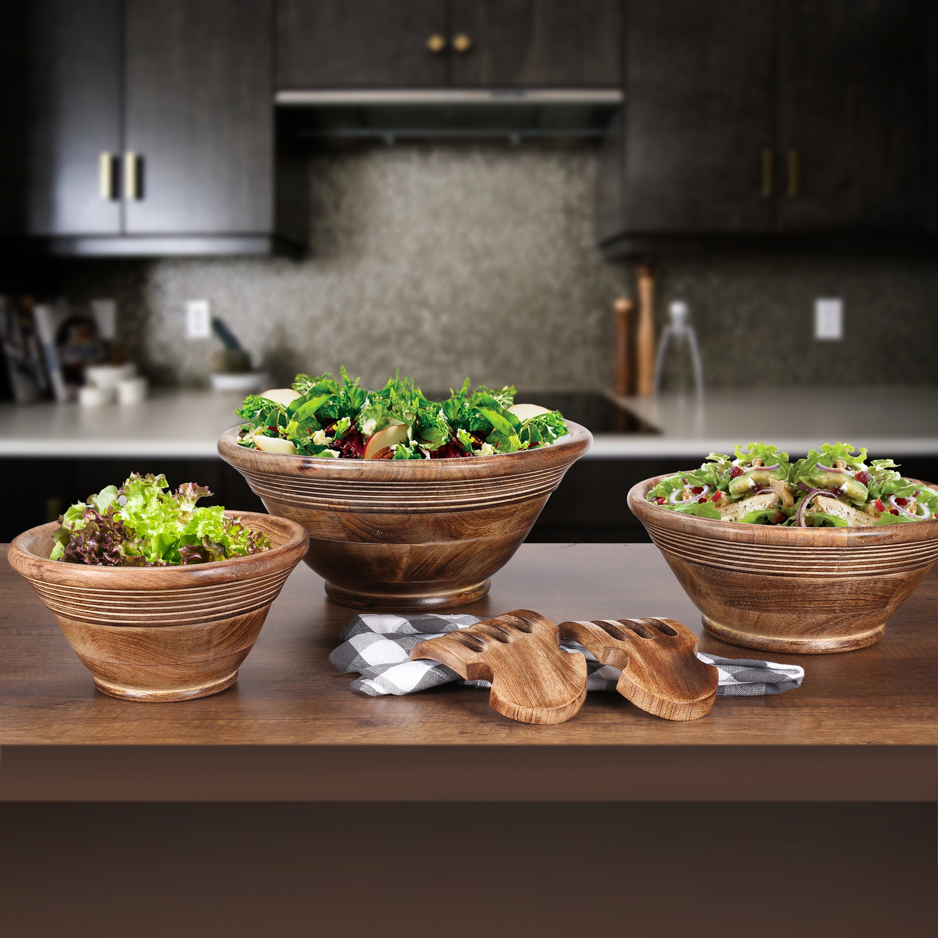 Winlay Handcrafted Mango Wood Bowl avec Gravure Ronde Set Of 3 || Bois Foncé de Mangue Fait Main