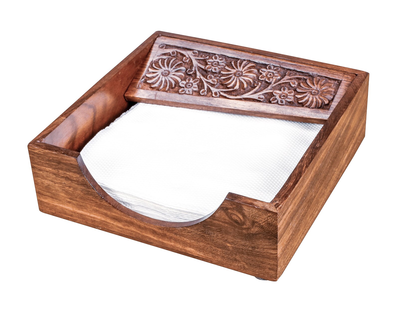 Sheesham Wood Napkin Holder tray with curving Storage for Etsy