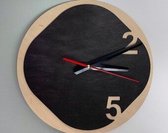 Geometrisk väggklocka i plywood, modern tyst design, handgjord i Ukraina