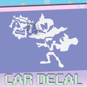 May include: A white cartoon character design on a purple background, framed by a pink and white border. The words "CAR DECAL" are displayed in green pixelated text at the bottom of the image.