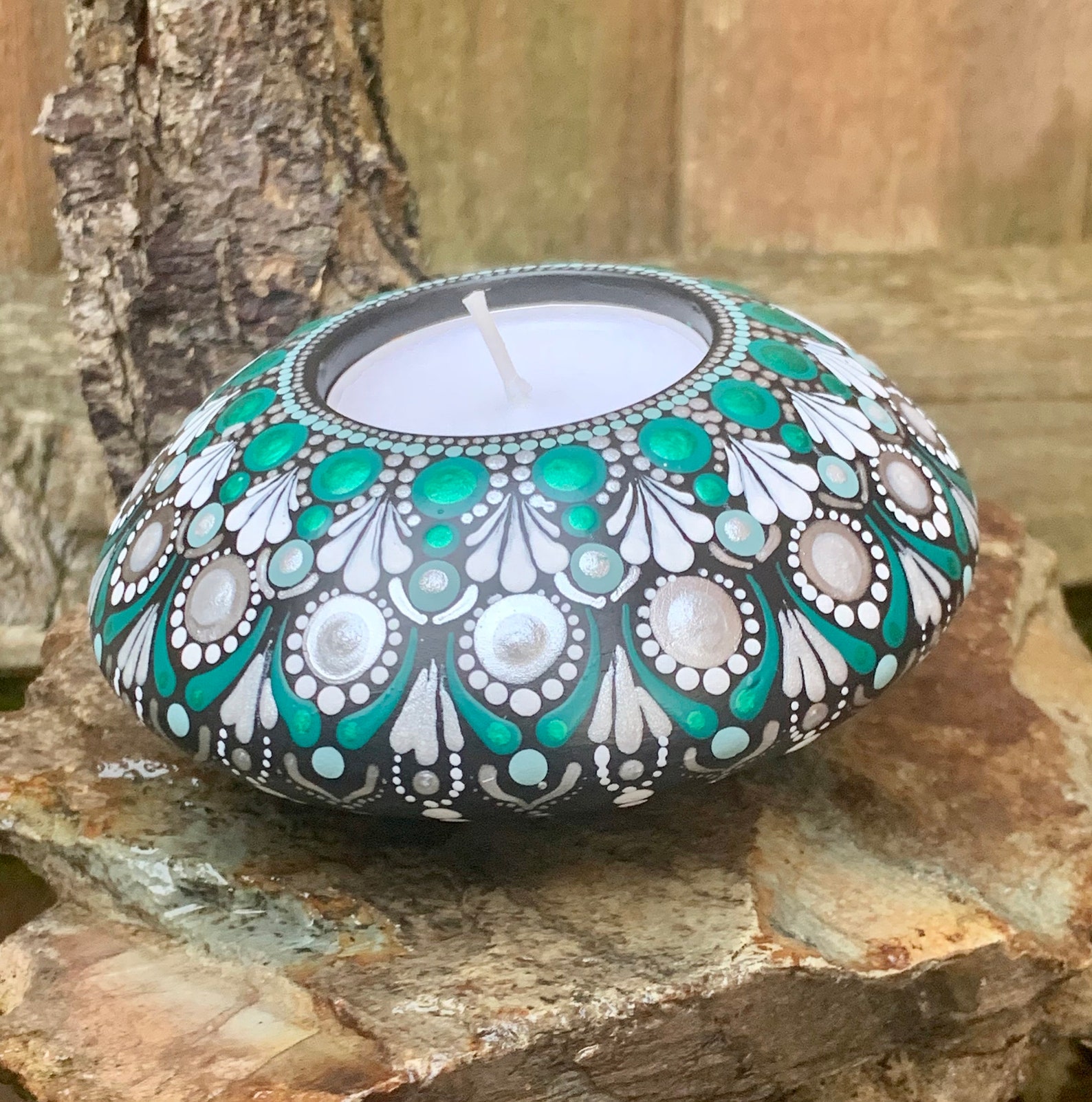 Hand painted dot mandala tealight candle holder / yoga / Etsy