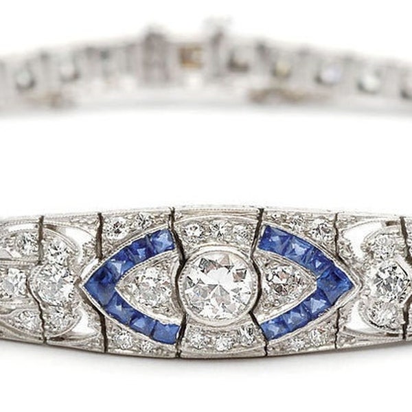 New White Blue Diamond Bracelet, Art Deco Bracelet, 5CT Round Cut Diamond Bracelets, Sapphire Bracelet, Vintage Bracelet In Solid 925 Silver