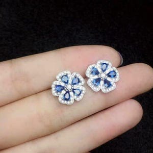 Sapphire Floral Motif Stud Earrings, 14k White Gold Minimalist Stud Earring, Blue Pear & Round Cut CZ Stone Stud Earring, Anniversary Gift