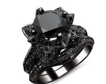 Black Diamond Ring Sets, Black 2.50CT Black Round Cut CZ Engagement Wedding Ring Sets in Black RHODIUM's Plated Silver, Black Women's  Sets