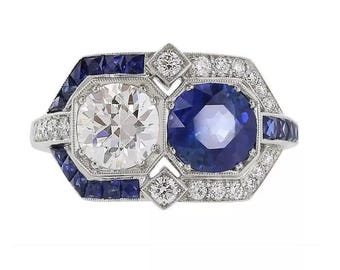 Art-deco verlovingsring met twee stenen: 2,00 CT blauw-wit rond geslepen, sterlingzilver