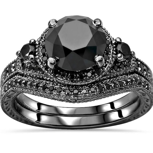 Black Diamond Ring Set Black Round Cut CZ Diamond Engagement - Etsy