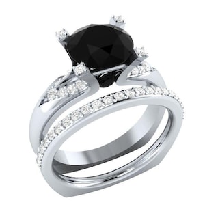Black CZ Diamond Solitaire Bridal Ring Set: 925 Sterling Silver
