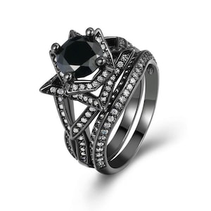 Beautiful 3.00 CT Black Round Cut CZ Diamond Wedding Engagement Bridal Ring Set In Solid 925 Sterling Silver, Black Flower Couple Ring Set